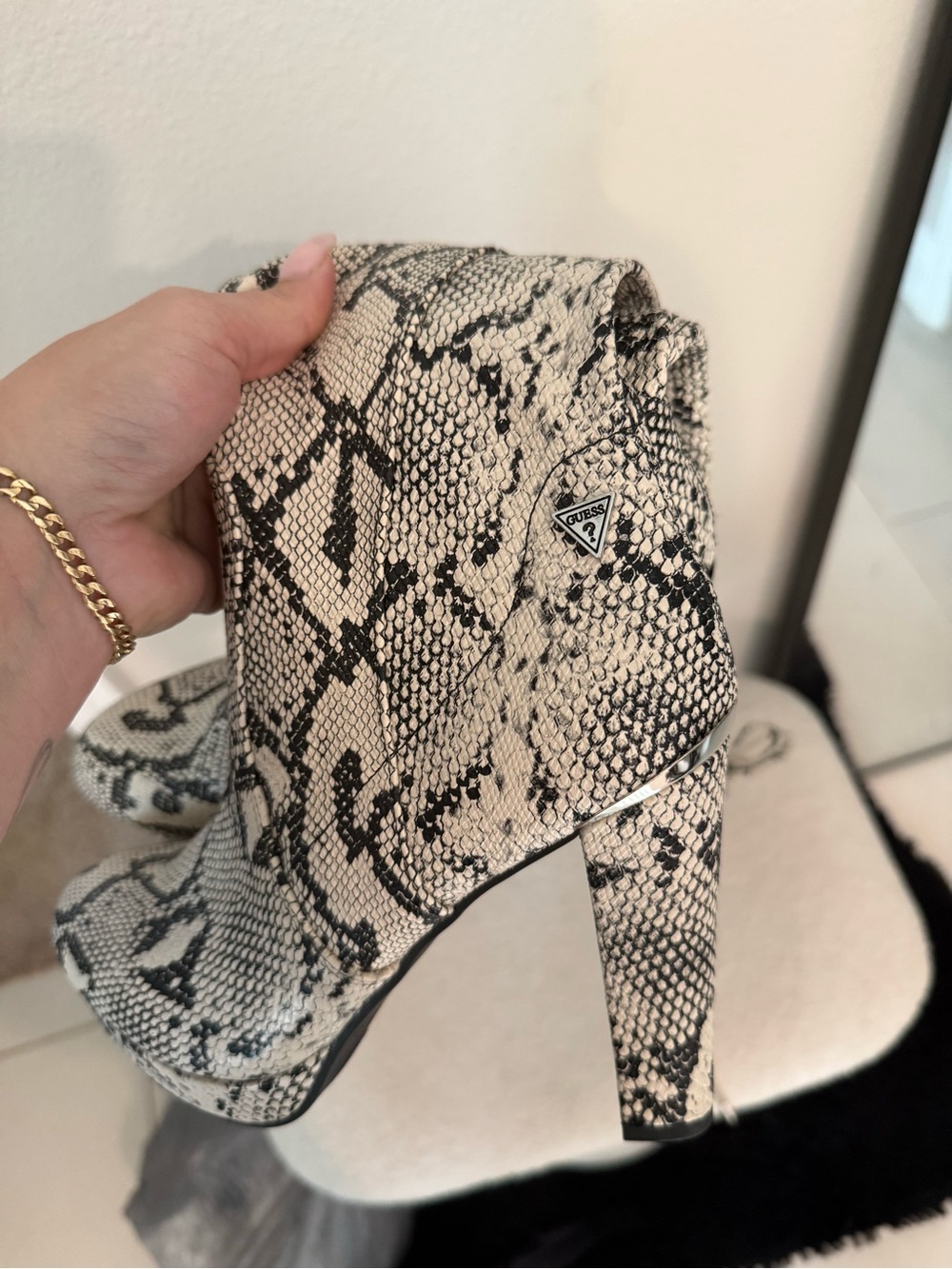 GUESS Snake Print High Heel Booties in Cream & Black brand new